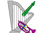 Desenho Harpa, flauta e trompeta pintado por anjo