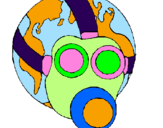 Desenho Terra com máscara de gás pintado por oswaldo