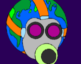 Desenho Terra com máscara de gás pintado por daniela