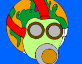 Desenho Terra com máscara de gás pintado por Cauã