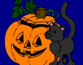 Desenho Abóbora e gato pintado por meca