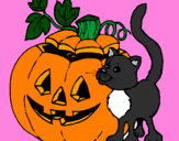 Desenho Abóbora e gato pintado por Halloween
