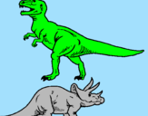 Desenho Tricerátopo e tiranossauro rex pintado por Matheus e Sofia CNSD