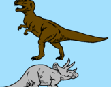 Desenho Tricerátopo e tiranossauro rex pintado por André e Marina CNSD