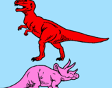 Desenho Tricerátopo e tiranossauro rex pintado por Gabriel araújo 3 aninhos