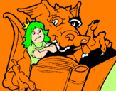 Desenho Dragão, menina e livro pintado por MU 6 ANOS