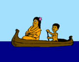 Desenho Mãe e filho em canoa pintado por Mel&João