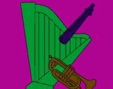 Desenho Harpa, flauta e trompeta pintado por lili
