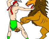 Desenho Gladiador contra leão pintado por minhoca