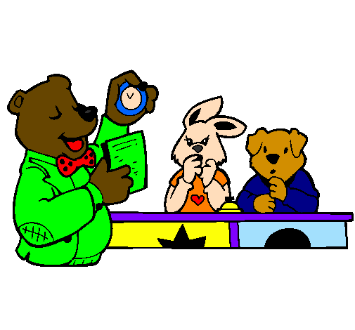 Desenho Professor urso e seus alunos pintado por eduarda