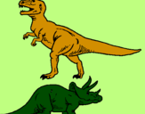 Desenho Tricerátopo e tiranossauro rex pintado por MARIA