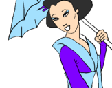 Desenho Geisha com chapéu de chuva pintado por givanna