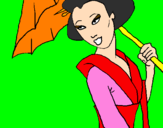 Desenho Geisha com chapéu de chuva pintado por Rafaela