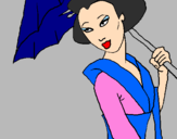 Desenho Geisha com chapéu de chuva pintado por Marga