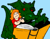Desenho Dragão, menina e livro pintado por o loco bixo