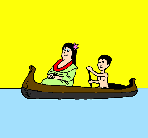 Mãe e filho em canoa