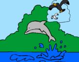 Desenho Golfinho e gaviota pintado por Francisco
