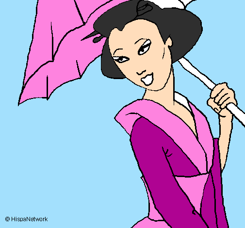 Geisha com chapéu de chuva
