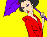 Desenho Geisha com chapéu de chuva pintado por laura pires tambosi