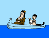 Desenho Mãe e filho em canoa pintado por JULIA   ACACIA  PD