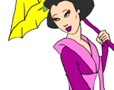 Desenho Geisha com chapéu de chuva pintado por Ma