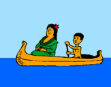 Desenho Mãe e filho em canoa pintado por aguinha