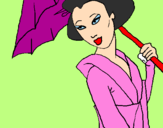Desenho Geisha com chapéu de chuva pintado por luanar