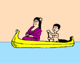 Desenho Mãe e filho em canoa pintado por Amanda