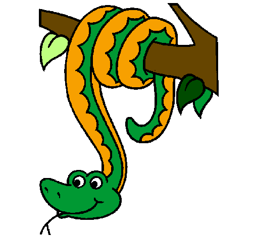 Desenho de Serpente pendurada numa árvore pintado e colorido por