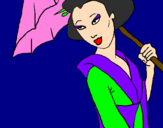 Desenho Geisha com chapéu de chuva pintado por Tamires