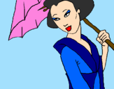 Desenho Geisha com chapéu de chuva pintado por -Paty-
