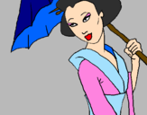 Desenho Geisha com chapéu de chuva pintado por Gabrieli