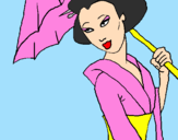 Desenho Geisha com chapéu de chuva pintado por miriam