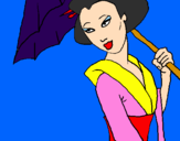 Desenho Geisha com chapéu de chuva pintado por naq