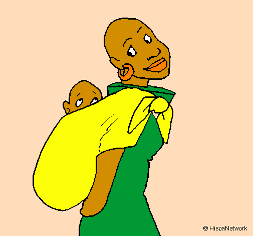 Desenho Africana com pano porta-bebé pintado por mulher e filho 