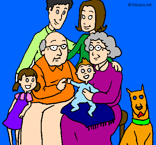 Desenho Família pintado por vô,vó,neto,neta,pai e mãe