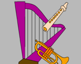 Desenho Harpa, flauta e trompeta pintado por instrumentos