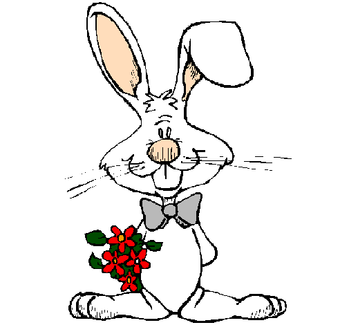 Desenho Coelho com ramo de flores pintado por coelho da páscoa 1