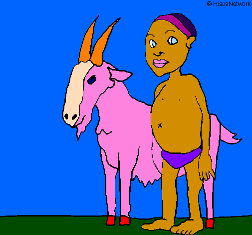 Desenho Cabra e criança africana pintado por Ines e Maria