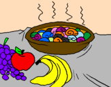Desenho Fruta e caracois na caçarola pintado por sofia
