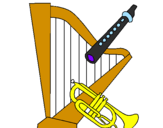 Desenho Harpa, flauta e trompeta pintado por çal