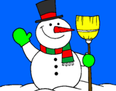 Desenho boneco de neve com vassoura pintado por isadora