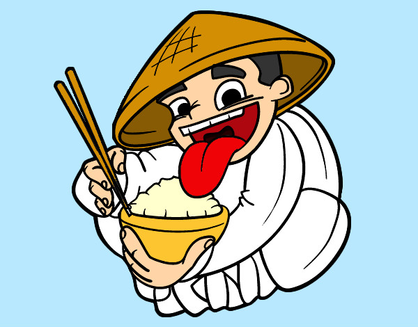 Chinês a comer arroz