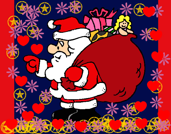 Desenho Pai Natal com o saco de presentes pintado por biazihalok