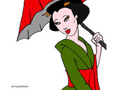 Desenho Geisha com chapéu de chuva pintado por Janaina