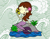 Desenho Sereia sentada numa rocha com uma caracol de mar pintado por Soso