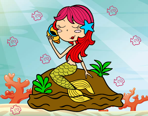 Desenho Sereia sentada numa rocha com uma caracol de mar pintado por arthur