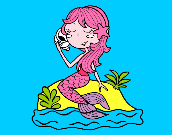 Desenho Sereia sentada numa rocha com uma caracol de mar pintado por caiosz
