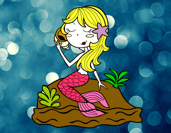 Desenho Sereia sentada numa rocha com uma caracol de mar pintado por caca