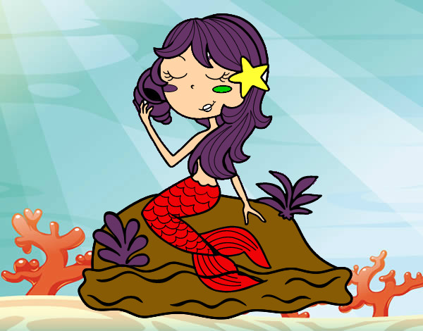 Sereia sentada numa rocha com uma caracol de mar